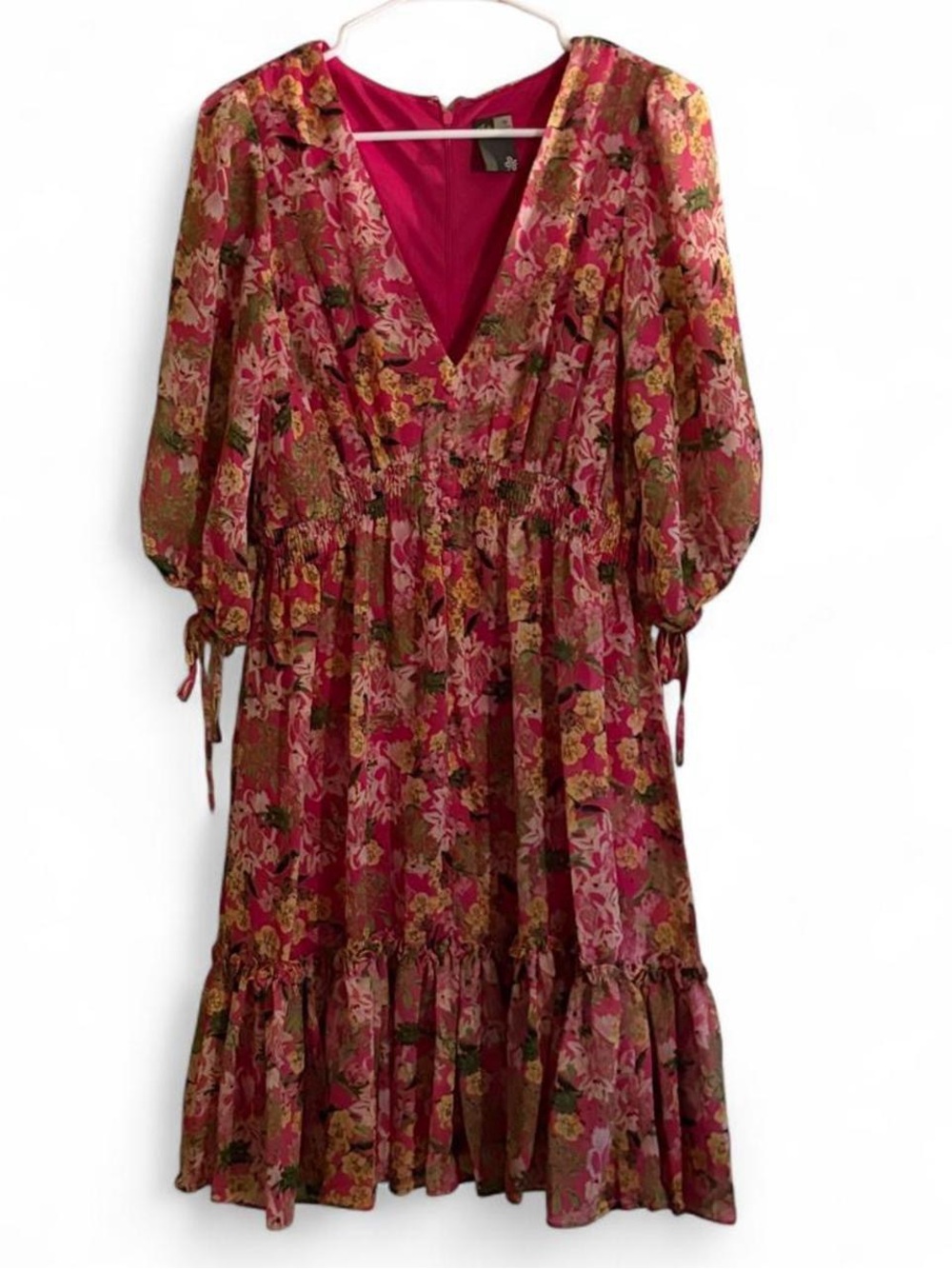 Taylor Pink Floral V-Neck Midi Dress